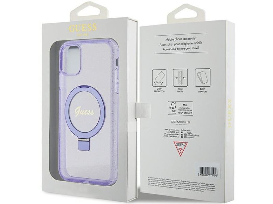 Capa MagSafe Guess Ring Stand Script Glitter para iPhone 11 / Xr - roxa