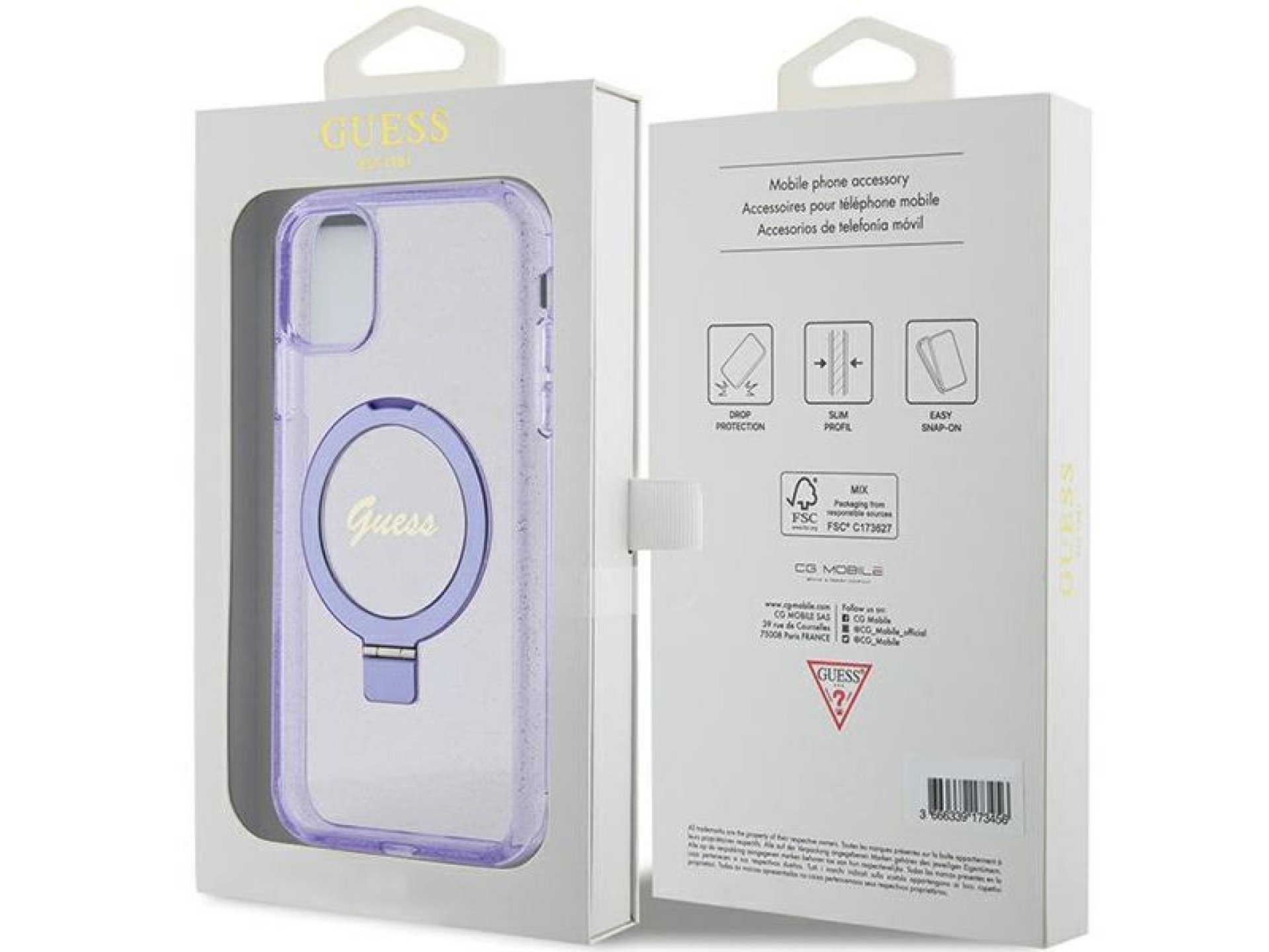 Capa MagSafe Guess Ring Stand Script Glitter para iPhone 11 / Xr - roxa