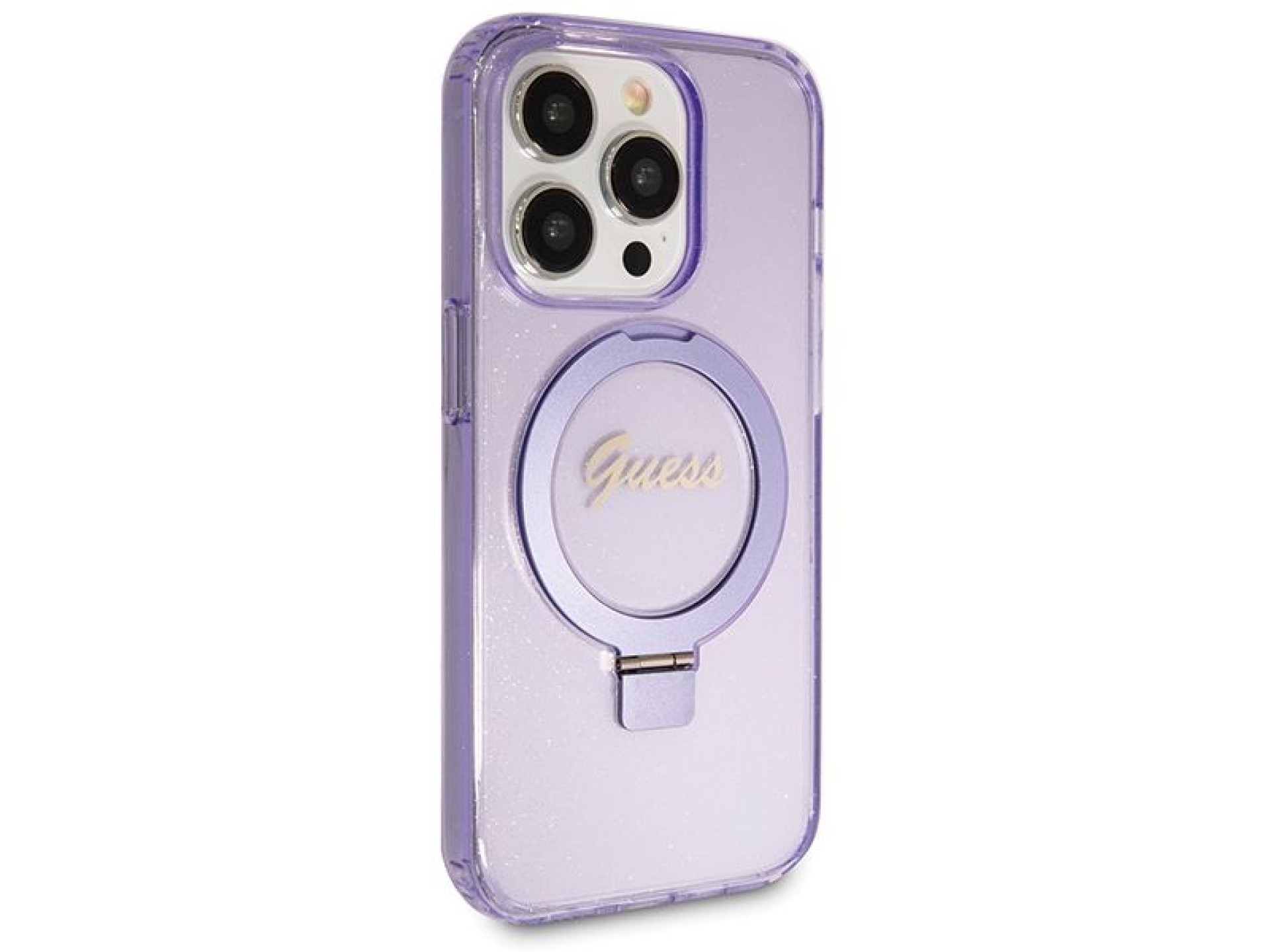 Capa MagSafe Guess Ring Stand Script Glitter para iPhone 13 Pro Max - roxa