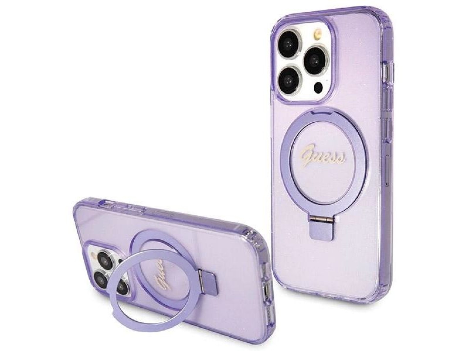 Guess Ring Stand Script Glitter MagSafe case for iPhone 14 Pro - purple