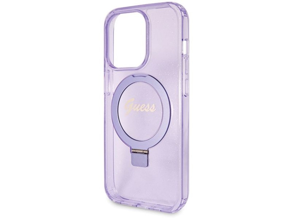 Guess Ring Stand Script Glitter MagSafe case for iPhone 14 Pro - purple