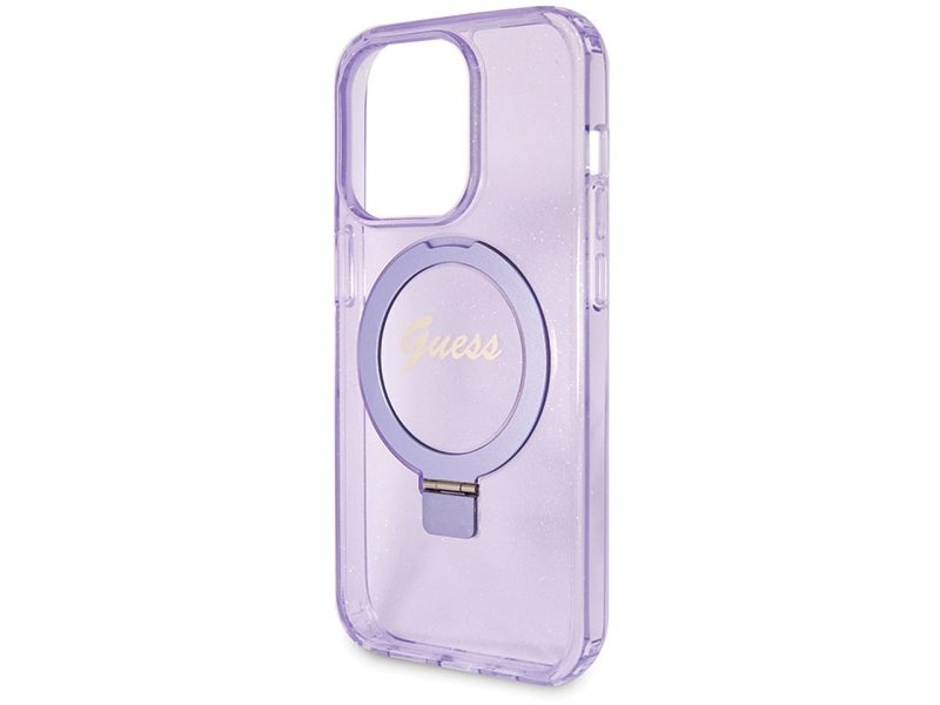 Guess Ring Stand Script Glitter MagSafe case for iPhone 14 Pro - purple