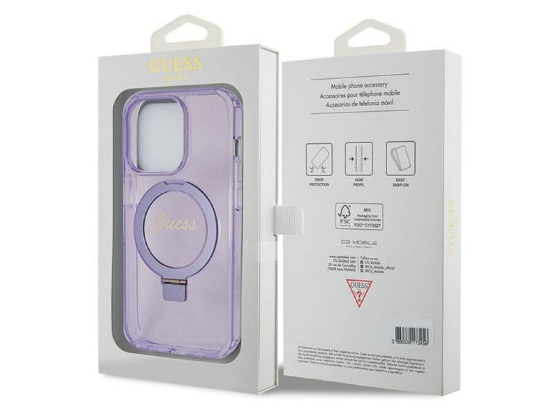 Guess Ring Stand Script Glitter MagSafe case for iPhone 14 Pro Max - purple
