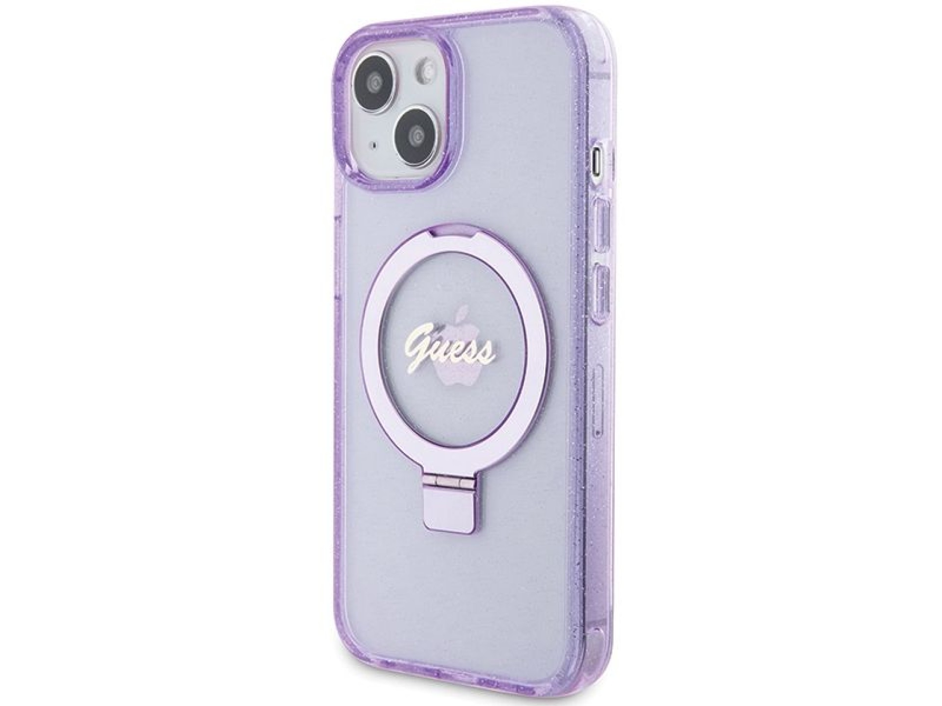Guess Ring Stand Script Glitter MagSafe case for iPhone 15 Plus / 14 Plus - purple