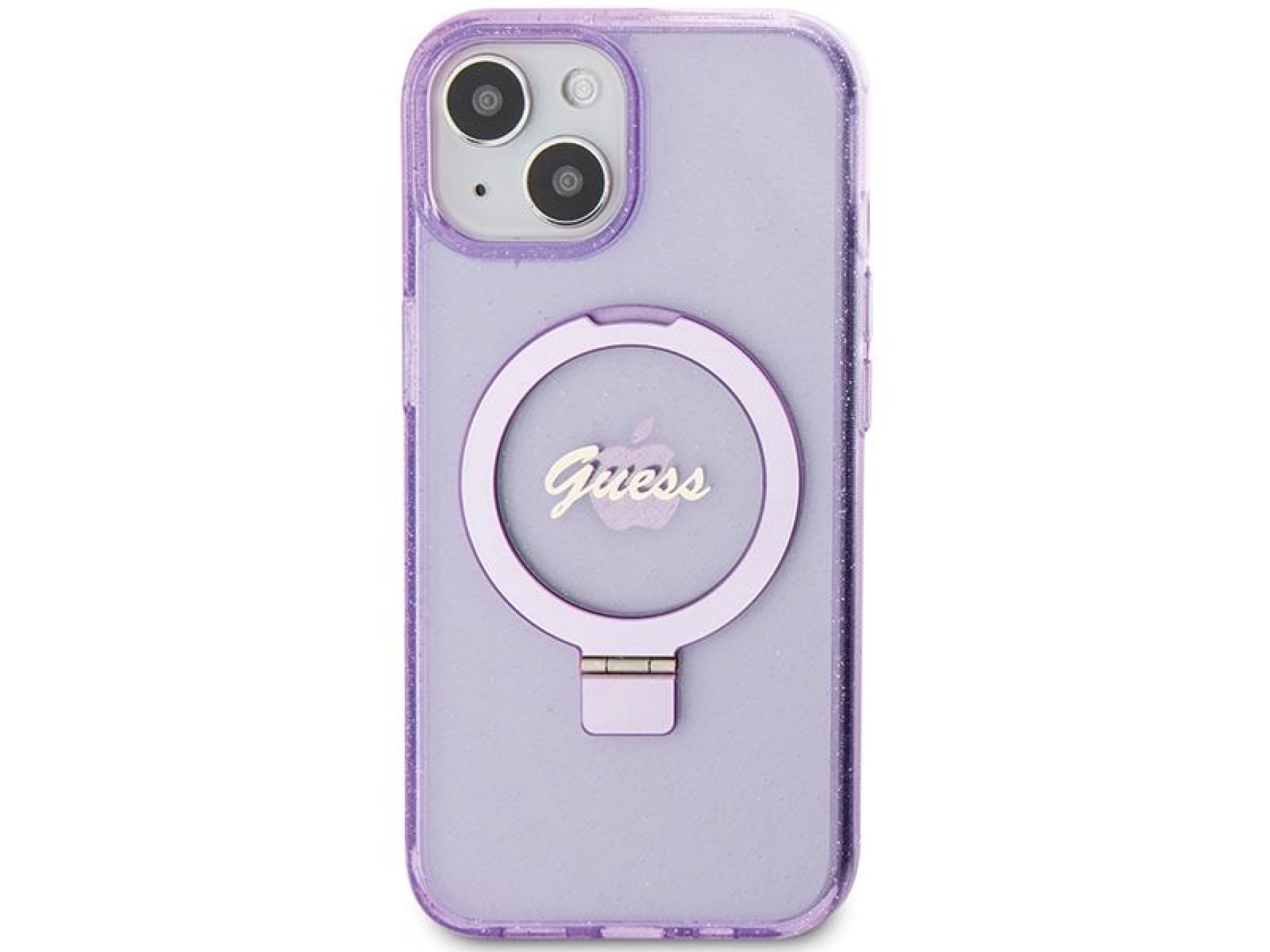 Guess Ring Stand Script Glitter MagSafe case for iPhone 15 Plus / 14 Plus - purple