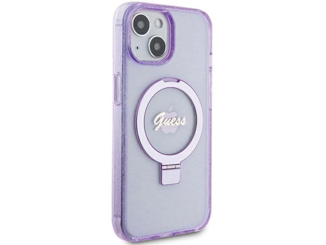 Guess Ring Stand Script Glitter MagSafe case for iPhone 15 Plus / 14 Plus - purple