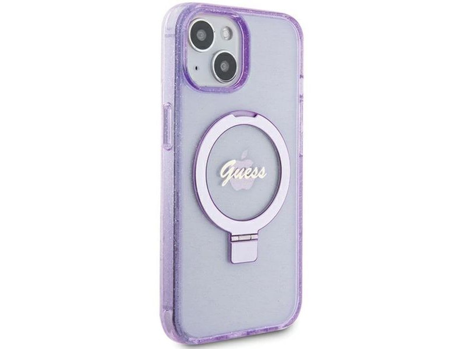 Guess Ring Stand Script Glitter MagSafe case for iPhone 15 Plus / 14 Plus - purple