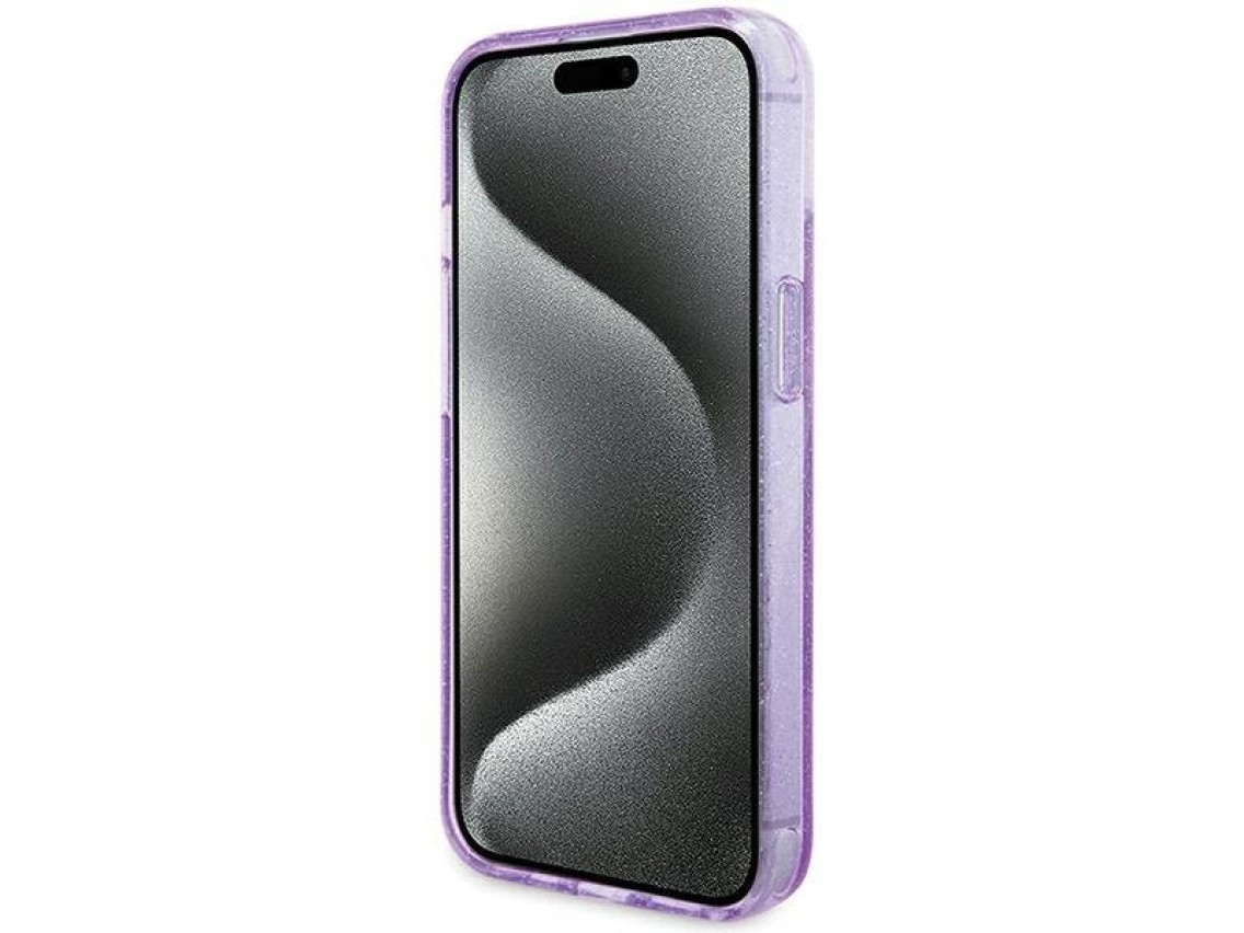 Guess Ring Stand Script Glitter MagSafe case for iPhone 15 Plus / 14 Plus - purple