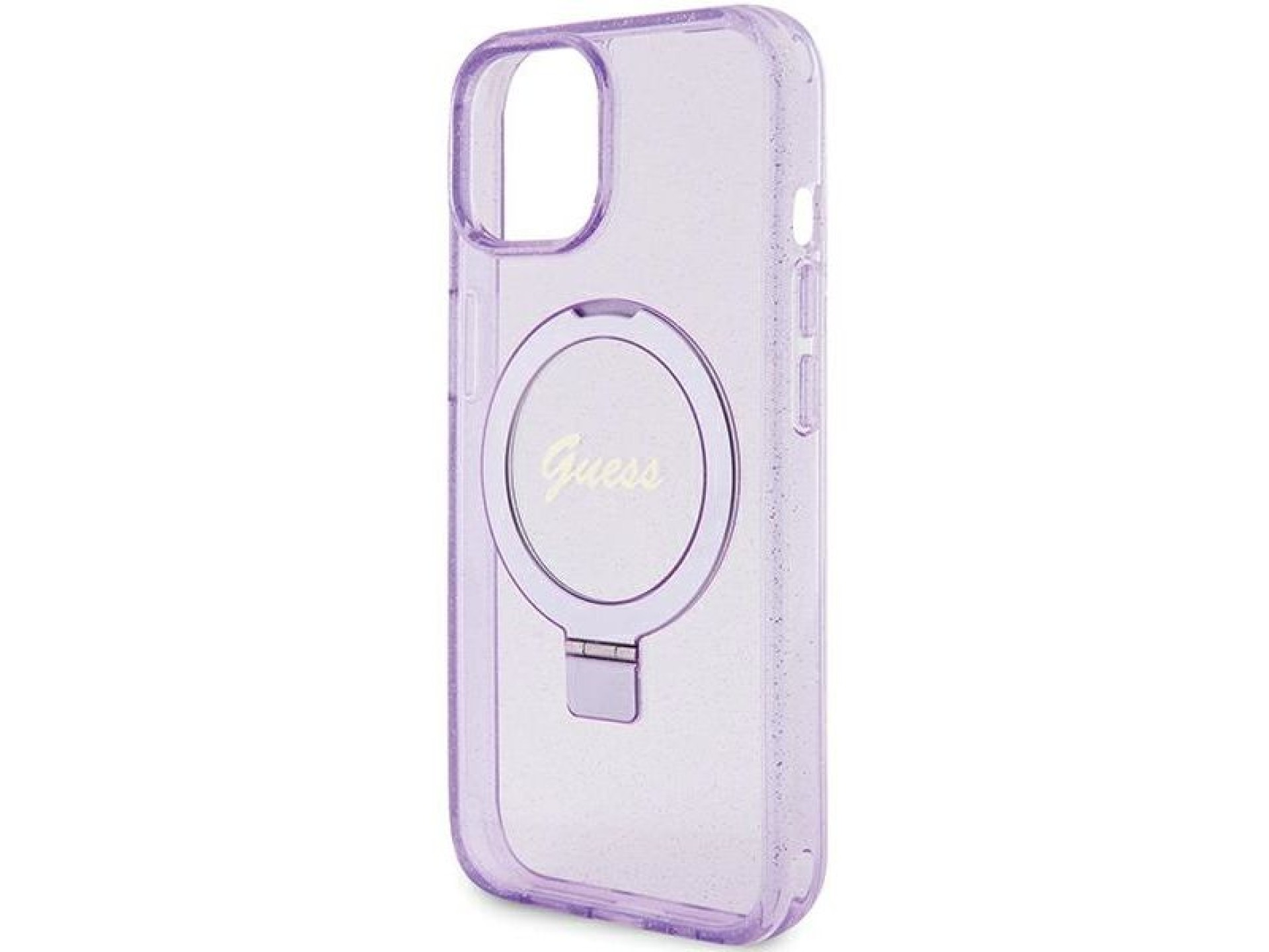 Guess Ring Stand Script Glitter MagSafe case for iPhone 15 Plus / 14 Plus - purple