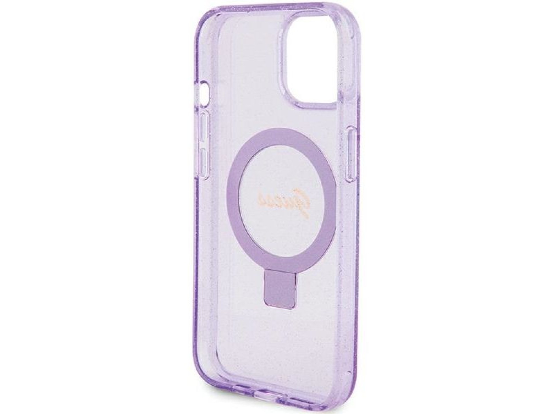 Guess Ring Stand Script Glitter MagSafe case for iPhone 15 Plus / 14 Plus - purple