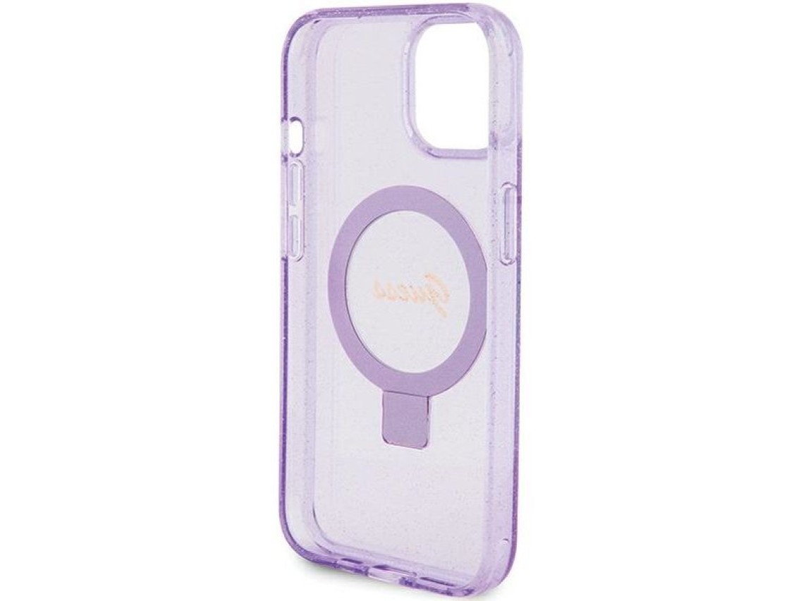 Guess Ring Stand Script Glitter MagSafe case for iPhone 15 Plus / 14 Plus - purple