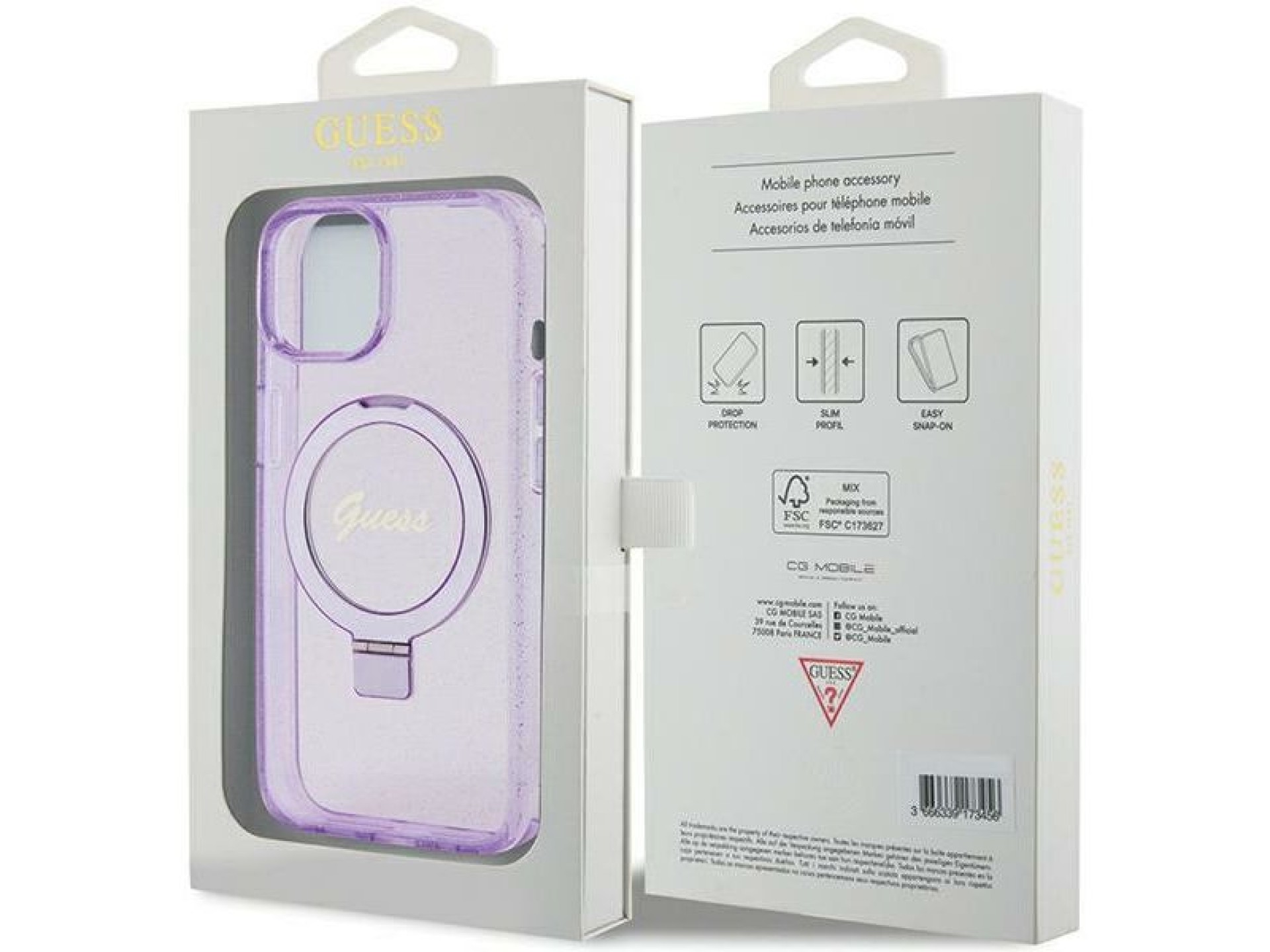 Guess Ring Stand Script Glitter MagSafe case for iPhone 15 Plus / 14 Plus - purple