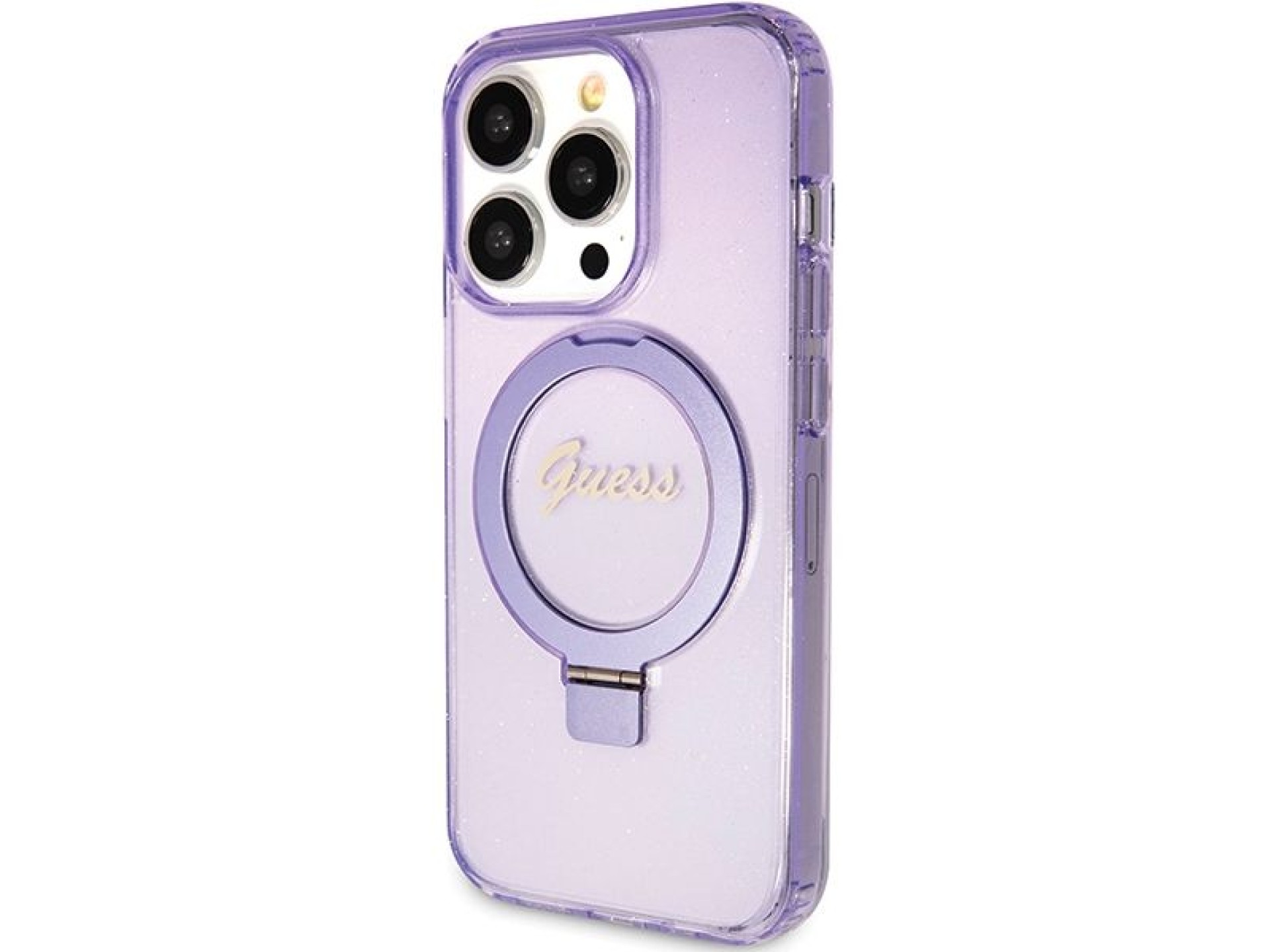 Capa MagSafe Guess Ring Stand Script Glitter para iPhone 15 Pro - roxa