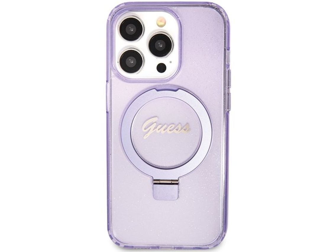 Capa MagSafe Guess Ring Stand Script Glitter para iPhone 15 Pro - roxa