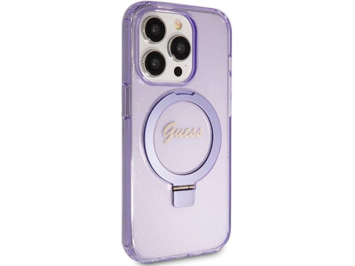 Capa MagSafe Guess Ring Stand Script Glitter para iPhone 15 Pro - roxa