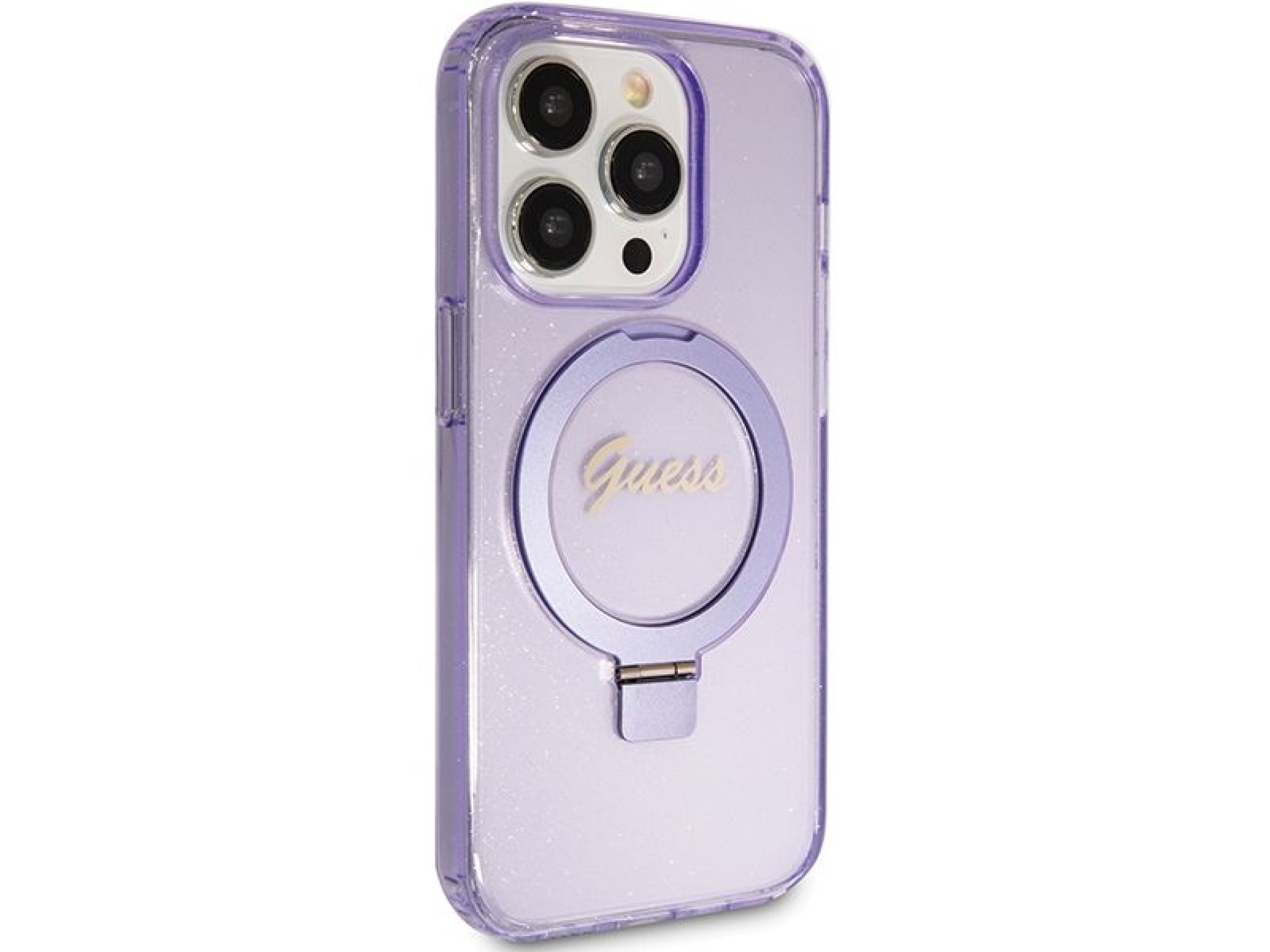 Capa MagSafe Guess Ring Stand Script Glitter para iPhone 15 Pro - roxa