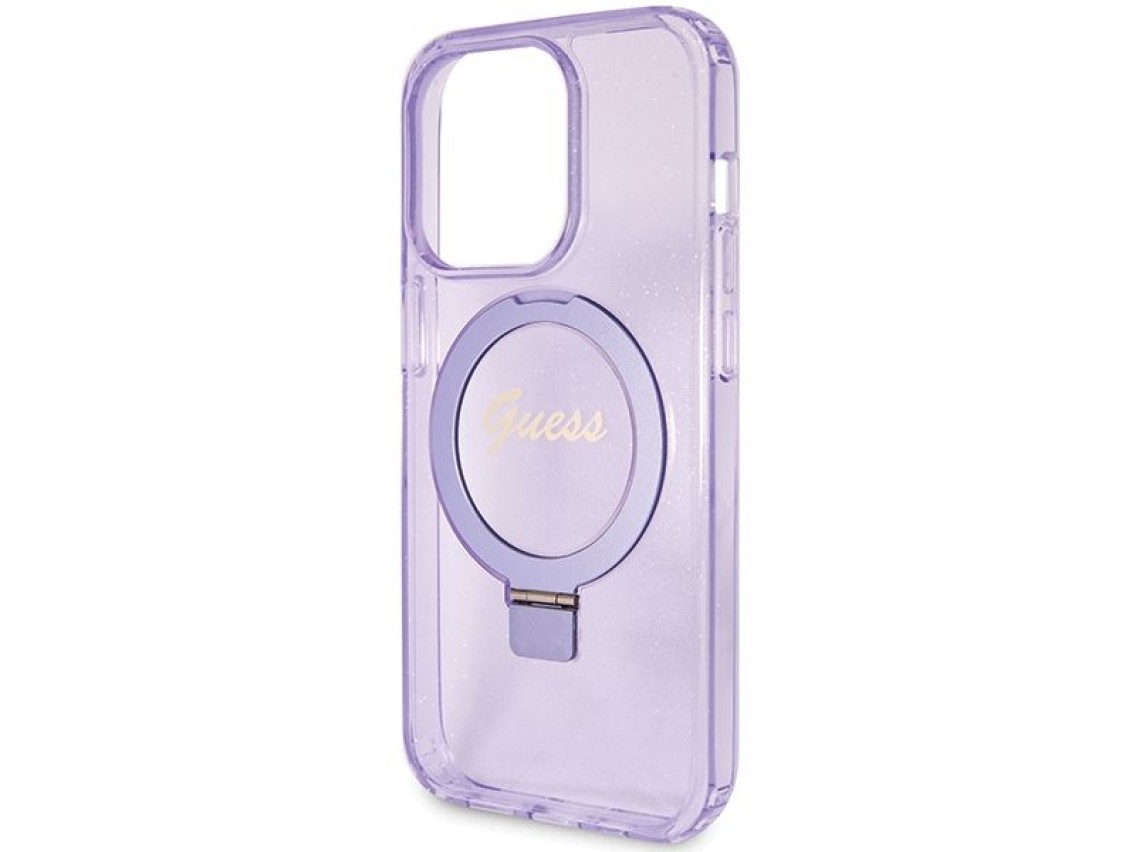 Capa MagSafe Guess Ring Stand Script Glitter para iPhone 15 Pro - roxa