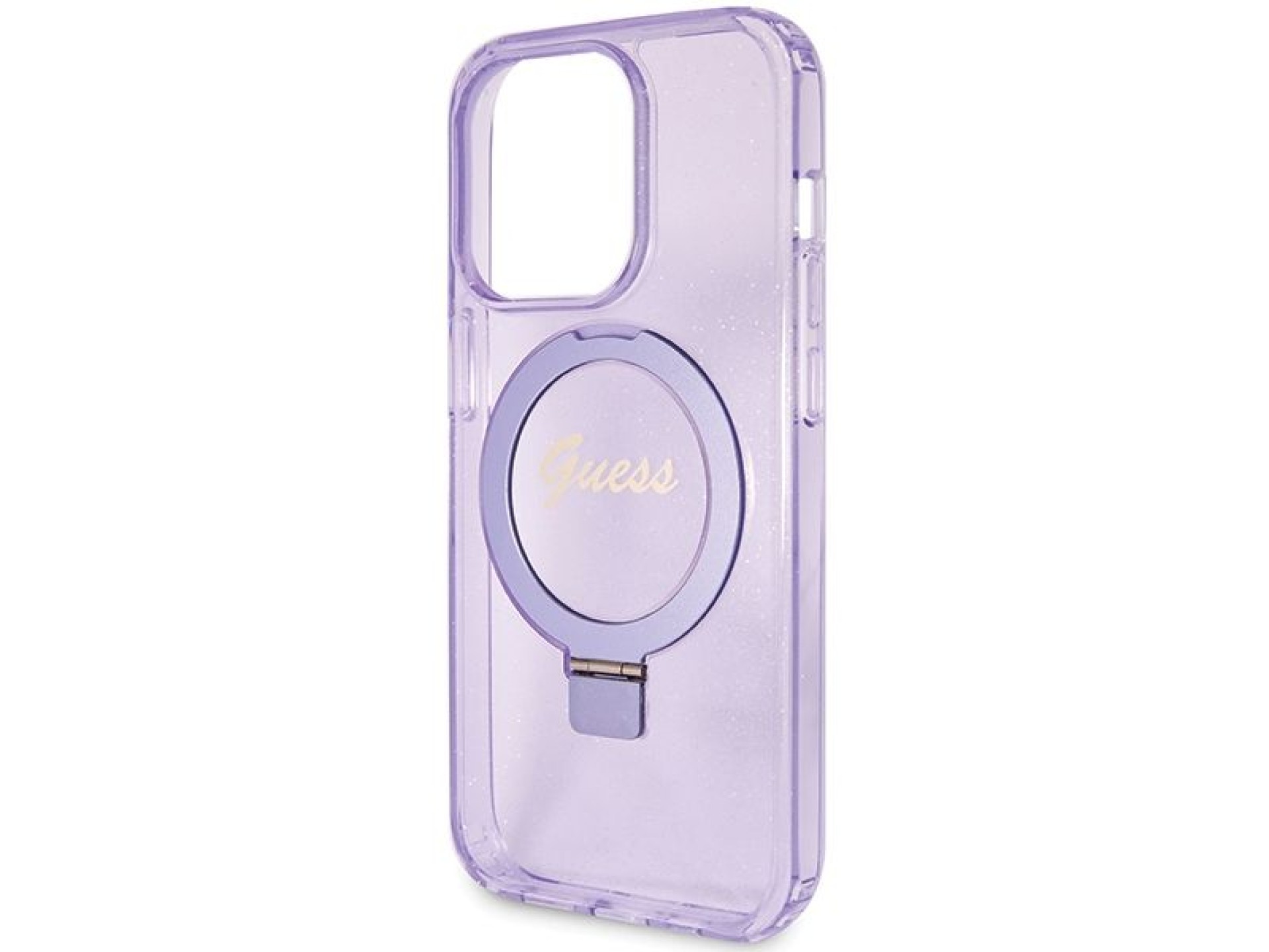 Capa MagSafe Guess Ring Stand Script Glitter para iPhone 15 Pro - roxa