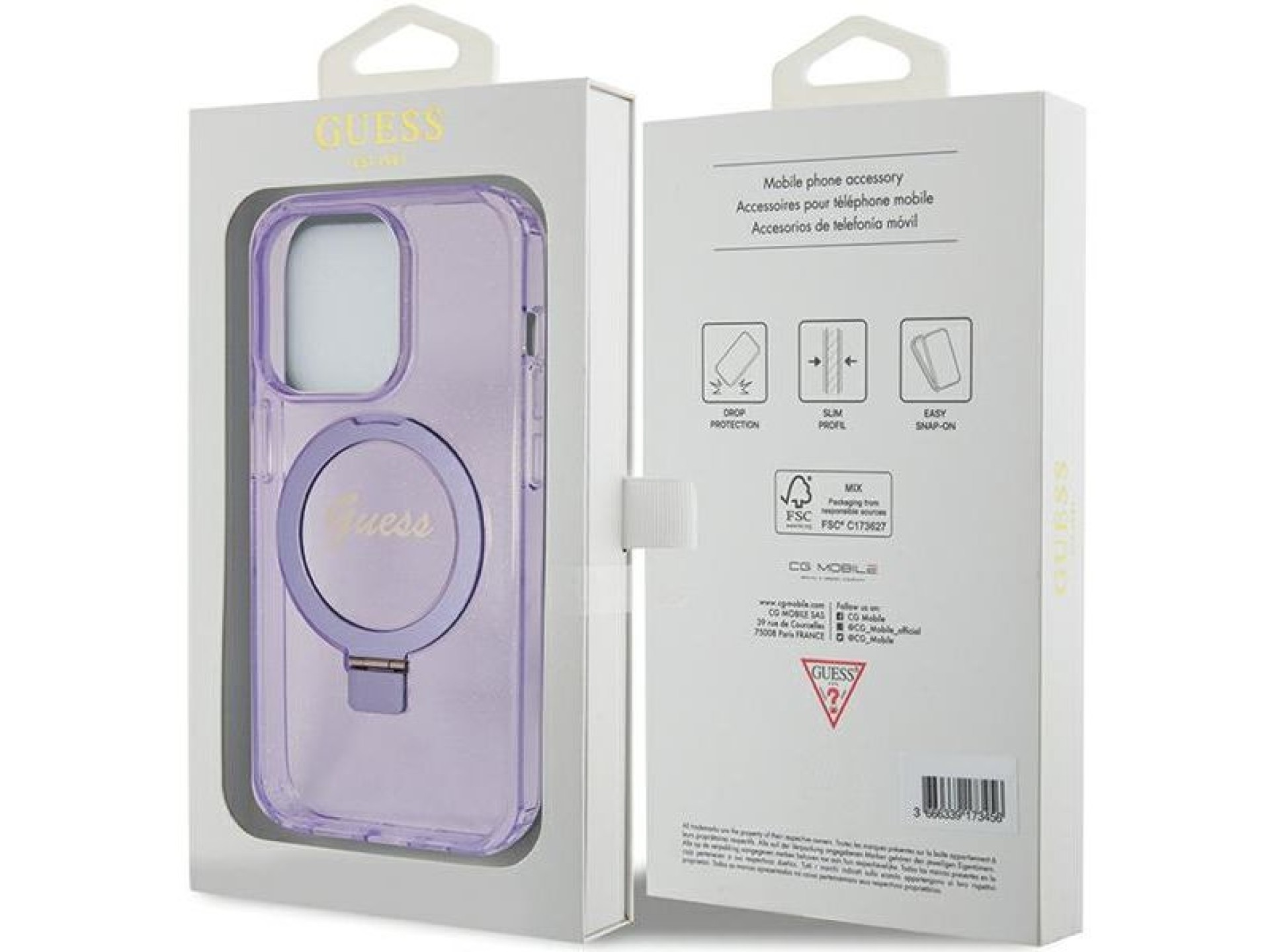 Capa MagSafe Guess Ring Stand Script Glitter para iPhone 15 Pro - roxa