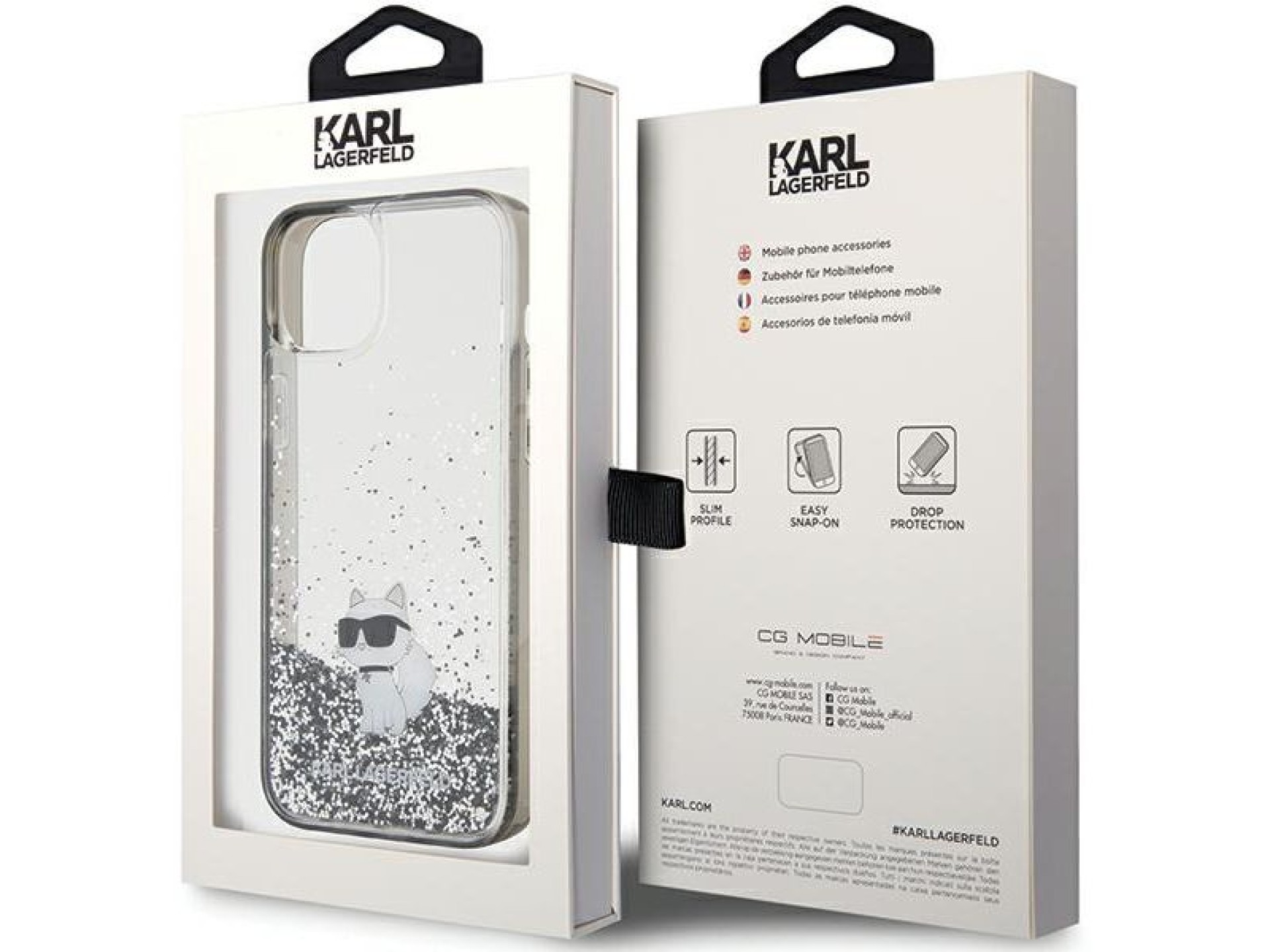 Capa transparente Karl Lagerfeld Liquid Glitter Choupette para iPhone 15 Plus