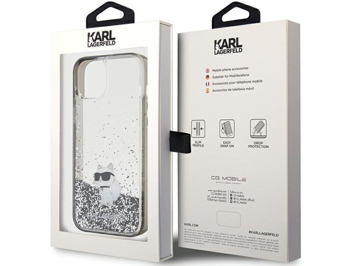 Capa transparente Karl Lagerfeld Liquid Glitter Choupette para iPhone 15 Plus
