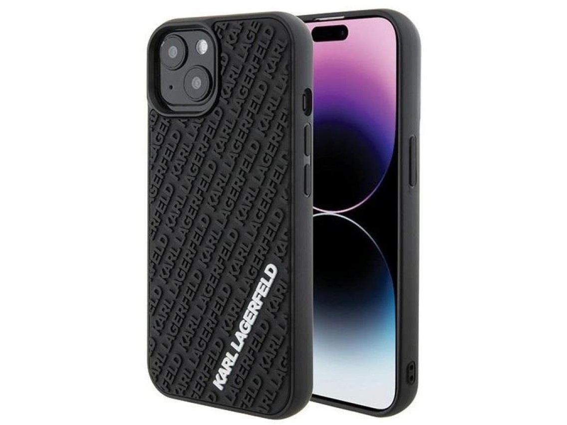 Capa Karl Lagerfeld 3D emborrachada com vários logotipos para iPhone 15 - preta