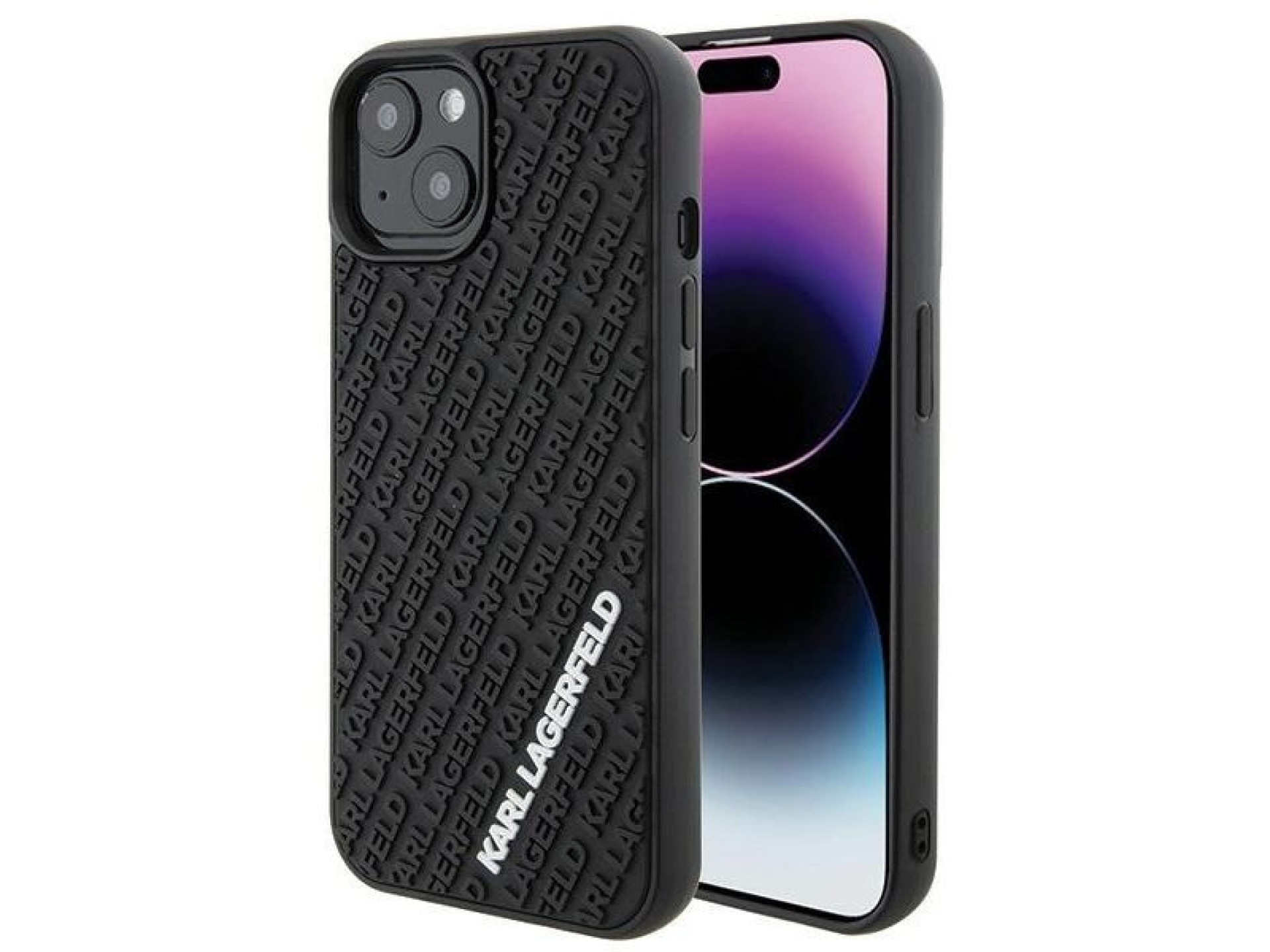 Capa Karl Lagerfeld 3D emborrachada com vários logotipos para iPhone 15 - preta