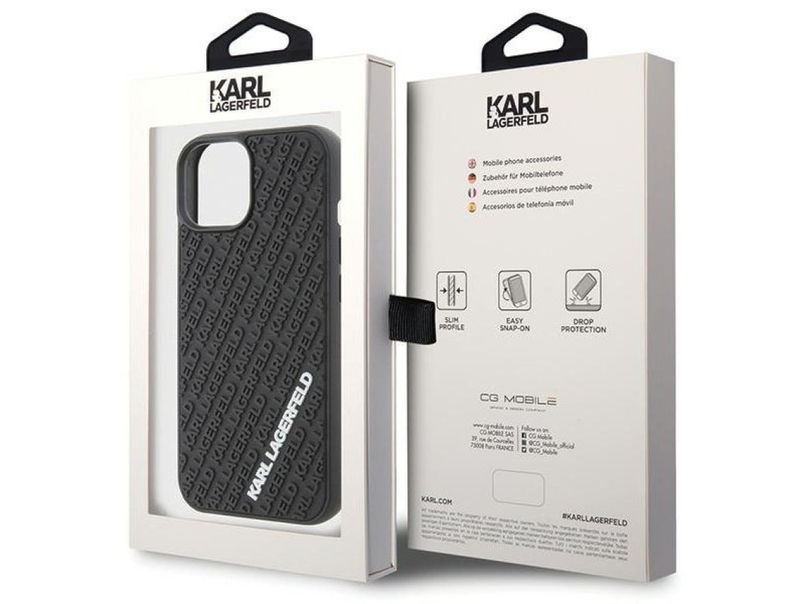 Capa Karl Lagerfeld 3D emborrachada com vários logotipos para iPhone 15 - preta