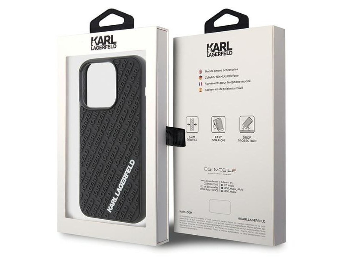 Capa Karl Lagerfeld 3D emborrachada com m�ltiplos logotipos para iPhone 15 Pro - preta