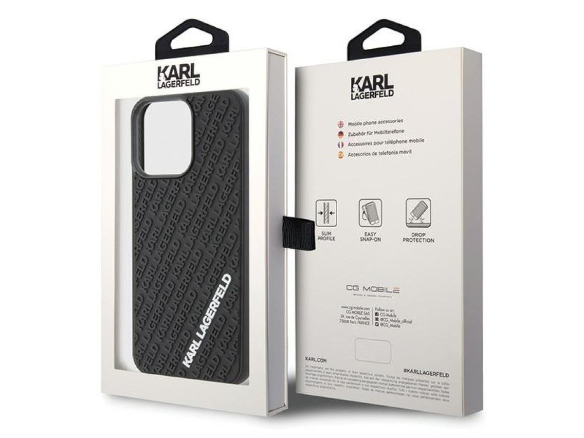 Funda Karl Lagerfeld 3D de goma con múltiples logotipos para iPhone 15 Pro Max - negra