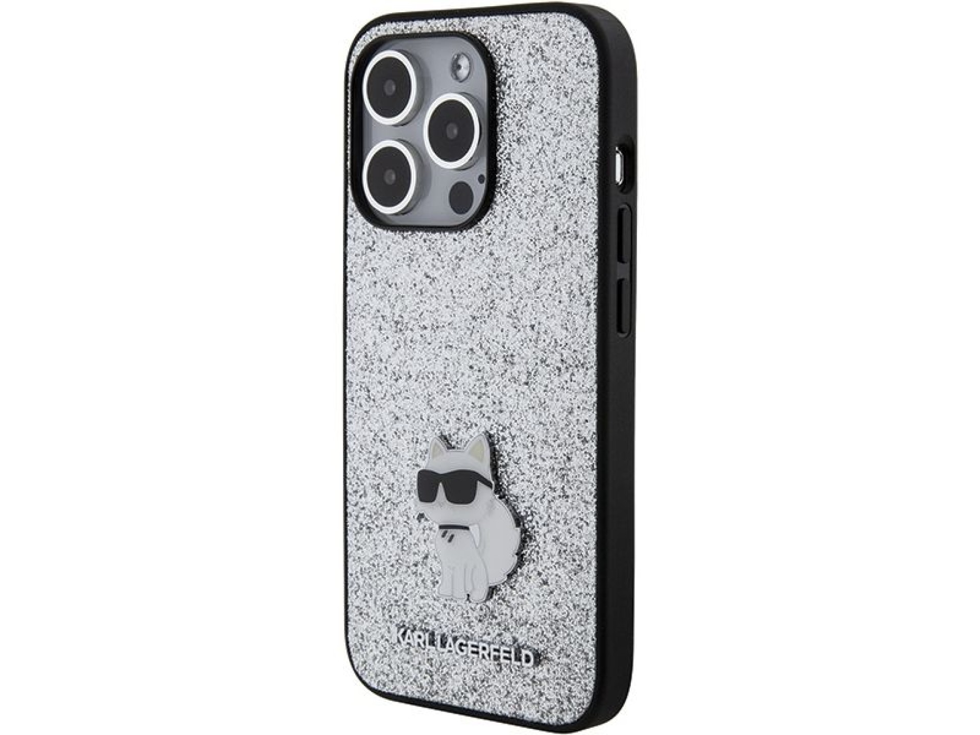 Capa para iPhone 15 Pro Max com alfinete metálico e logo Choupette fixo com glitter de Karl Lagerfel