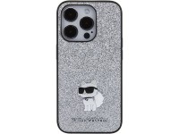 Capa para iPhone 15 Pro Max com alfinete metálico e logo Choupette fixo com glitter de Karl Lagerfel Capa para iPhone 15 Pro Max com alfinete metálico e logo Choupette fixo com glitter de Karl Lagerfel