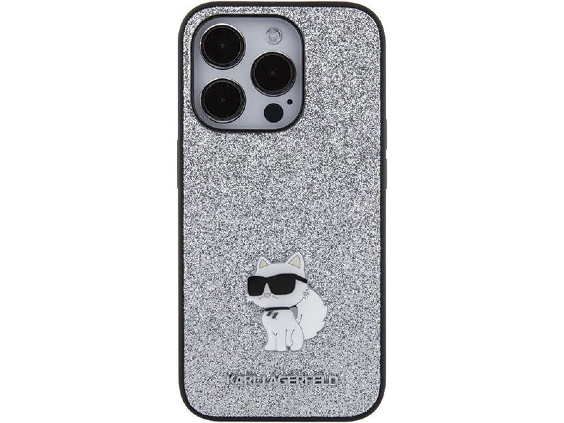 Capa para iPhone 15 Pro Max com alfinete metálico e logo Choupette fixo com glitter de Karl Lagerfel