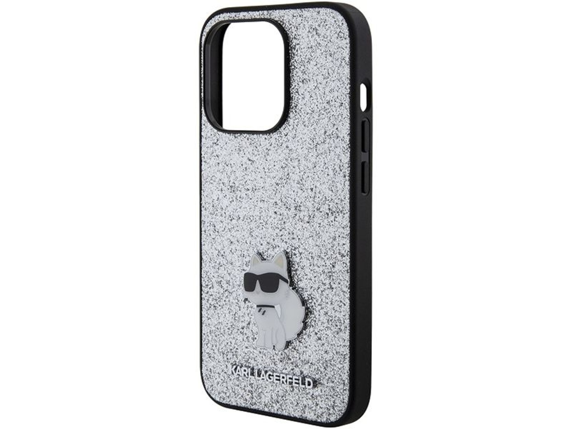 Capa para iPhone 15 Pro Max com alfinete metálico e logo Choupette fixo com glitter de Karl Lagerfel