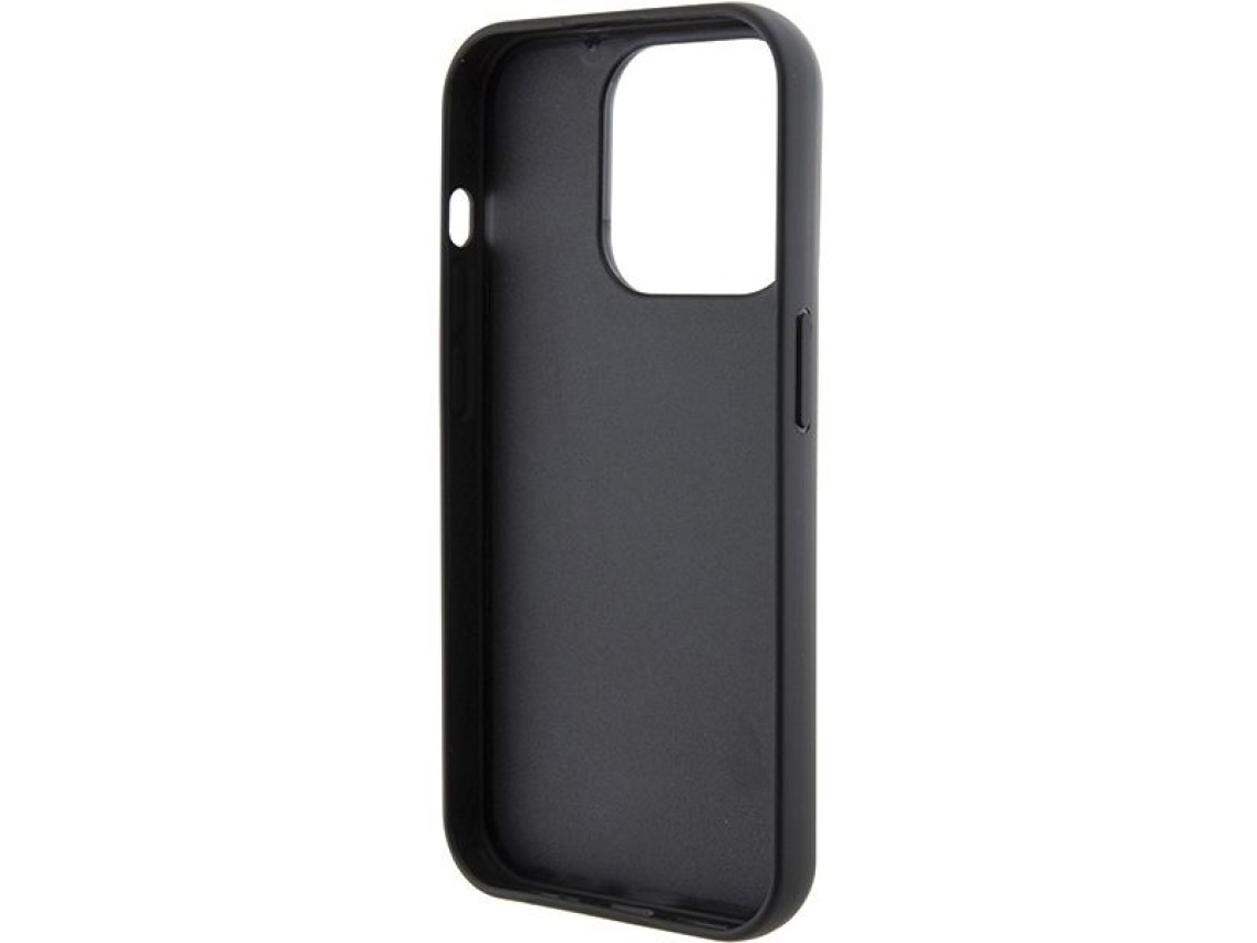 Capa para iPhone 15 Pro Max com alfinete metálico e logo Choupette fixo com glitter de Karl Lagerfel
