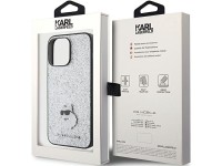 Capa para iPhone 15 Pro Max com alfinete metálico e logo Choupette fixo com glitter de Karl Lagerfel Capa para iPhone 15 Pro Max com alfinete metálico e logo Choupette fixo com glitter de Karl Lagerfel