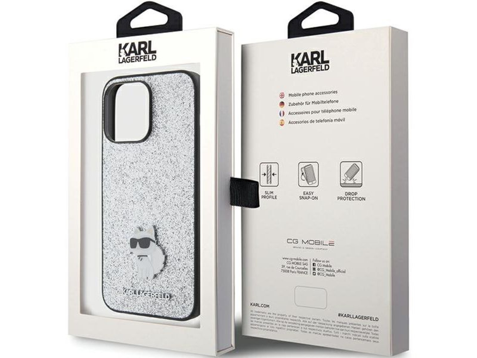 Capa para iPhone 15 Pro Max com alfinete metálico e logo Choupette fixo com glitter de Karl Lagerfel