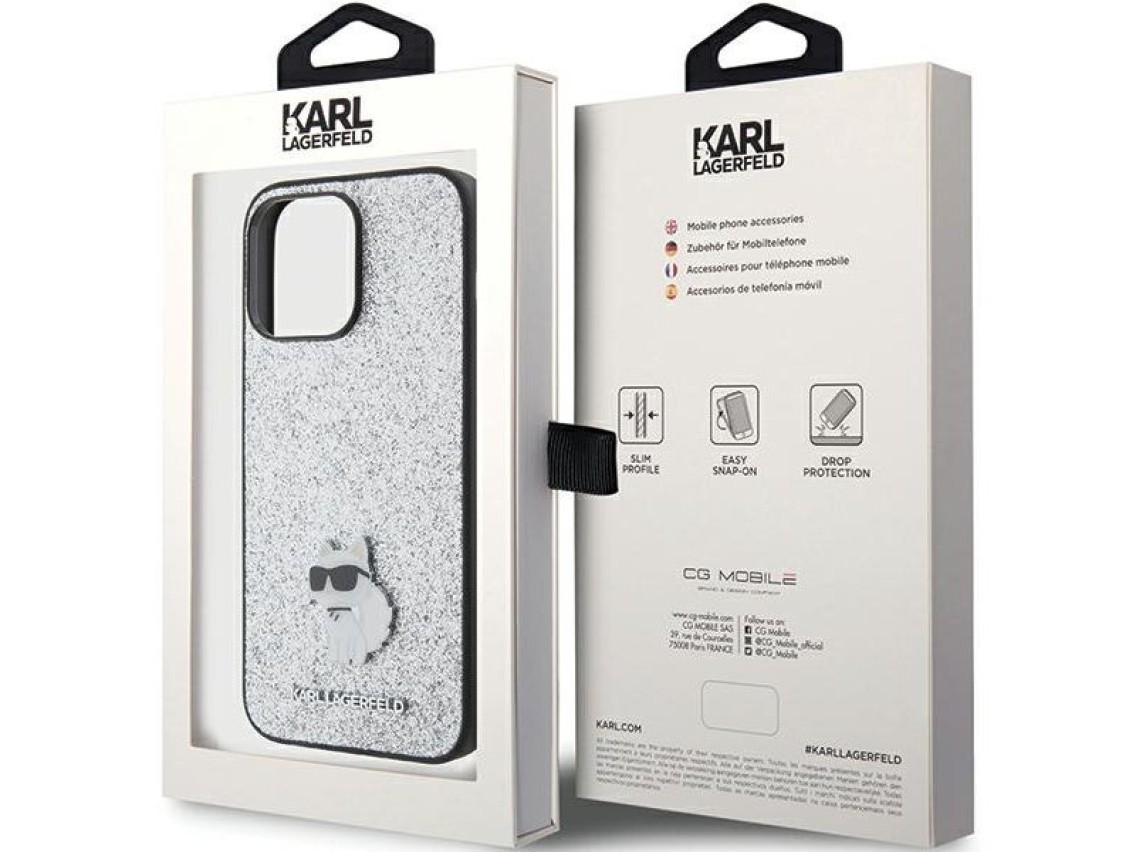 Capa para iPhone 15 Pro Max com alfinete metálico e logo Choupette fixo com glitter de Karl Lagerfel