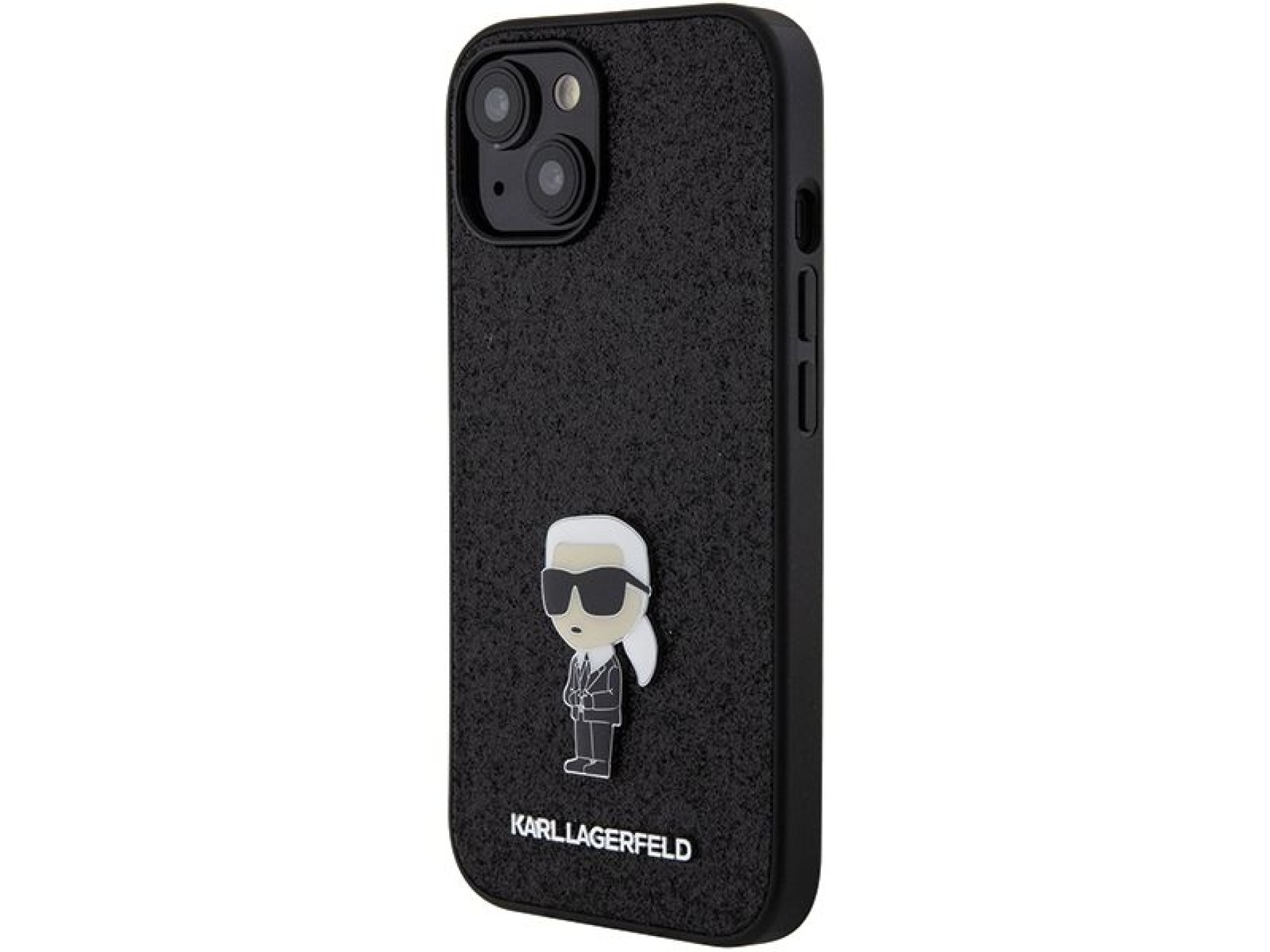 Capa para iPhone 15 com alfinete de metal e logo Karl Lagerfeld Fixed Glitter Ikonik - preta