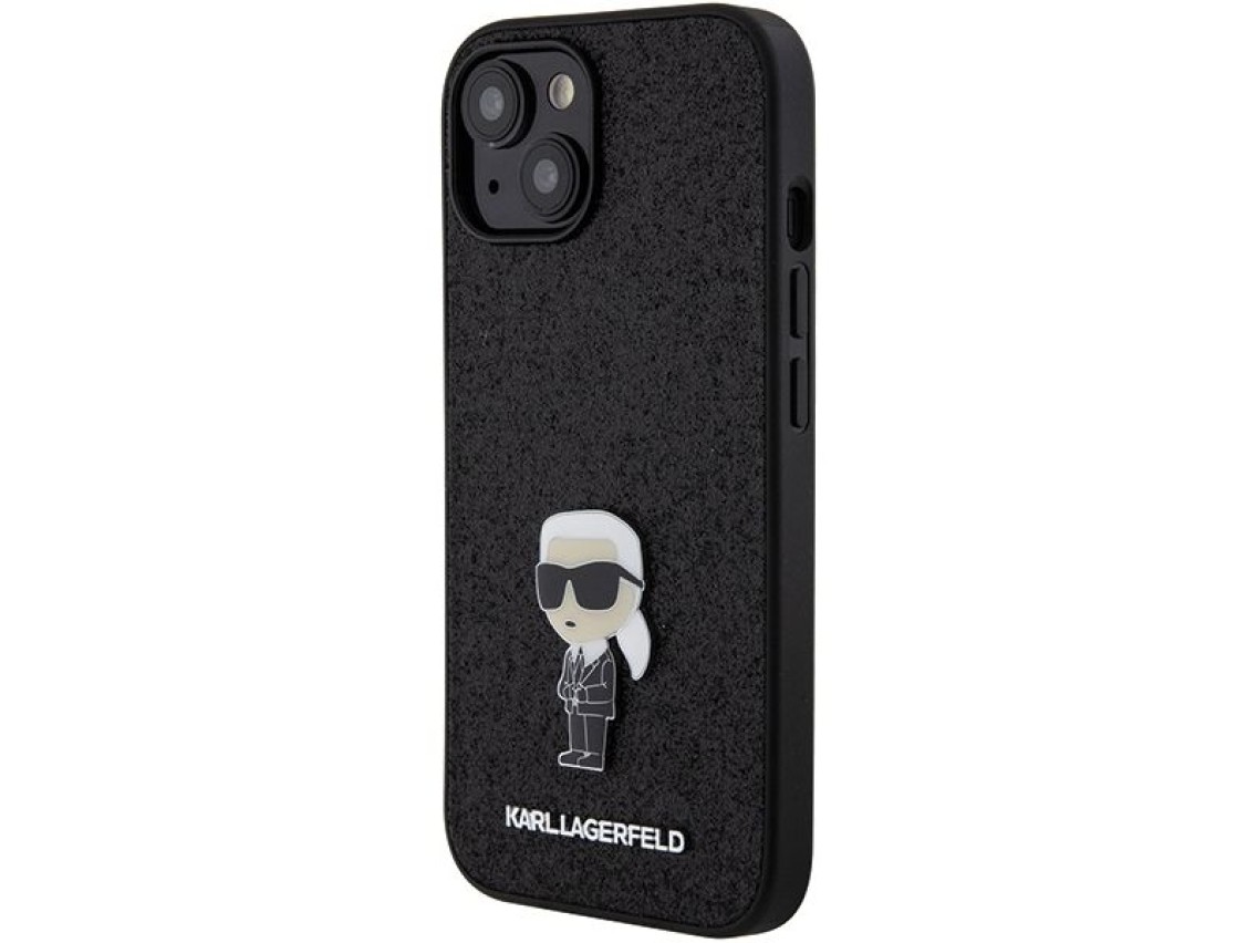 Capa para iPhone 15 com alfinete de metal e logo Karl Lagerfeld Fixed Glitter Ikonik - preta