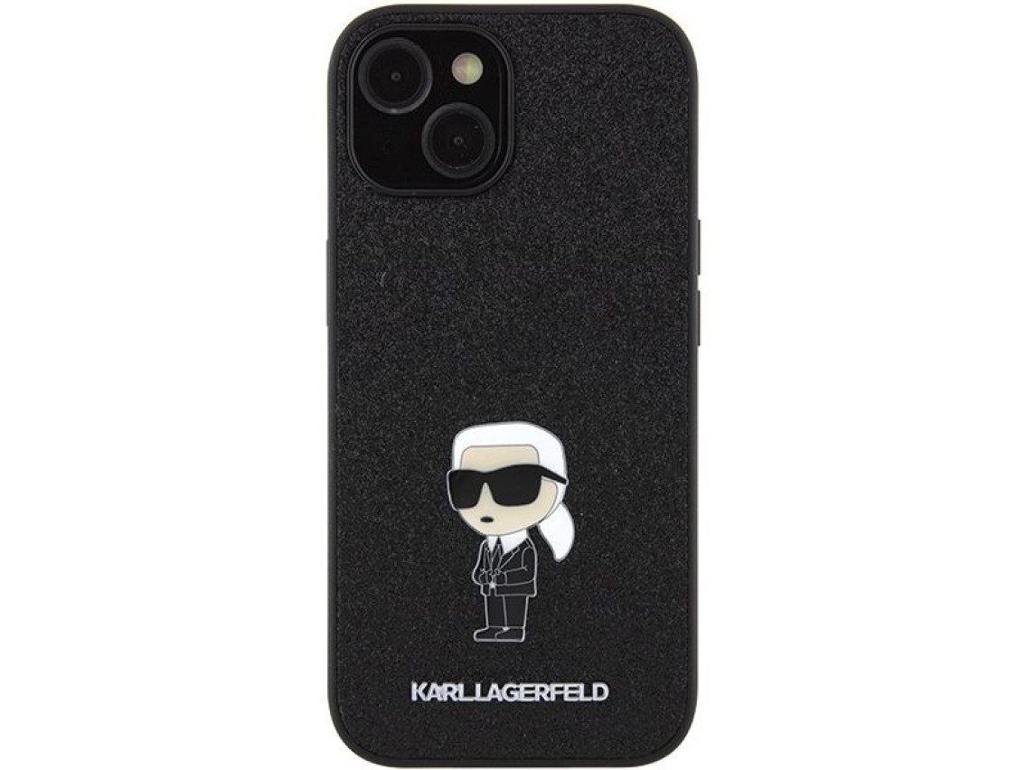 Capa para iPhone 15 com alfinete de metal e logo Karl Lagerfeld Fixed Glitter Ikonik - preta