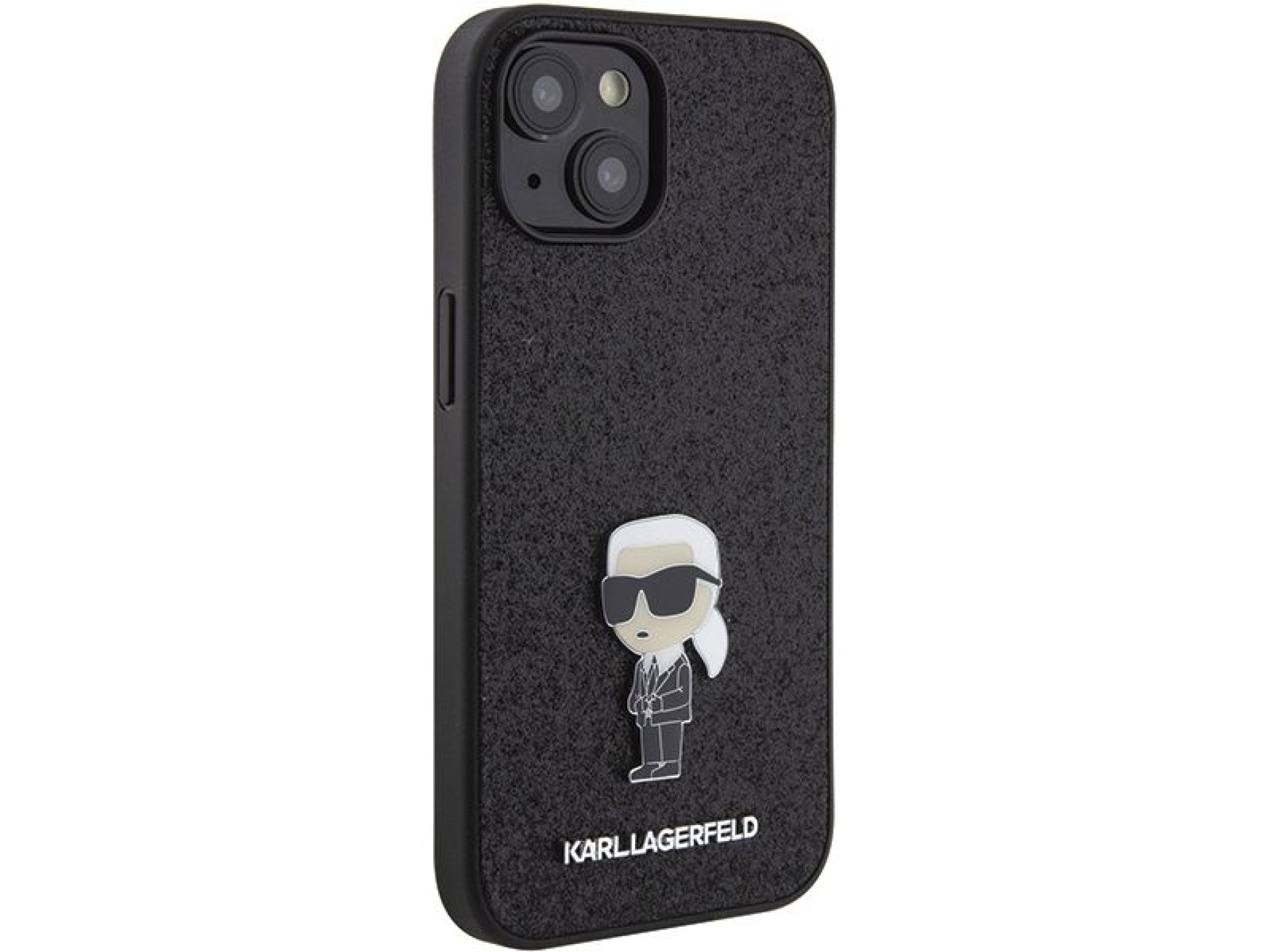 Capa para iPhone 15 com alfinete de metal e logo Karl Lagerfeld Fixed Glitter Ikonik - preta