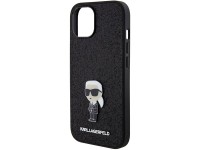 Capa para iPhone 15 com alfinete de metal e logo Karl Lagerfeld Fixed Glitter Ikonik - preta Capa para iPhone 15 com alfinete de metal e logo Karl Lagerfeld Fixed Glitter Ikonik - preta