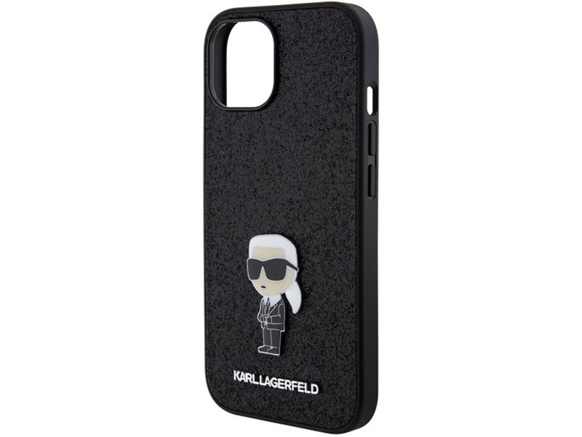 Capa para iPhone 15 com alfinete de metal e logo Karl Lagerfeld Fixed Glitter Ikonik - preta
