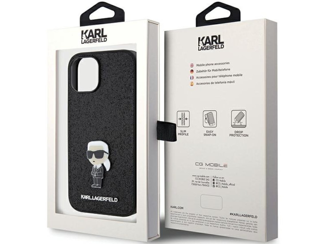 Capa para iPhone 15 com alfinete de metal e logo Karl Lagerfeld Fixed Glitter Ikonik - preta