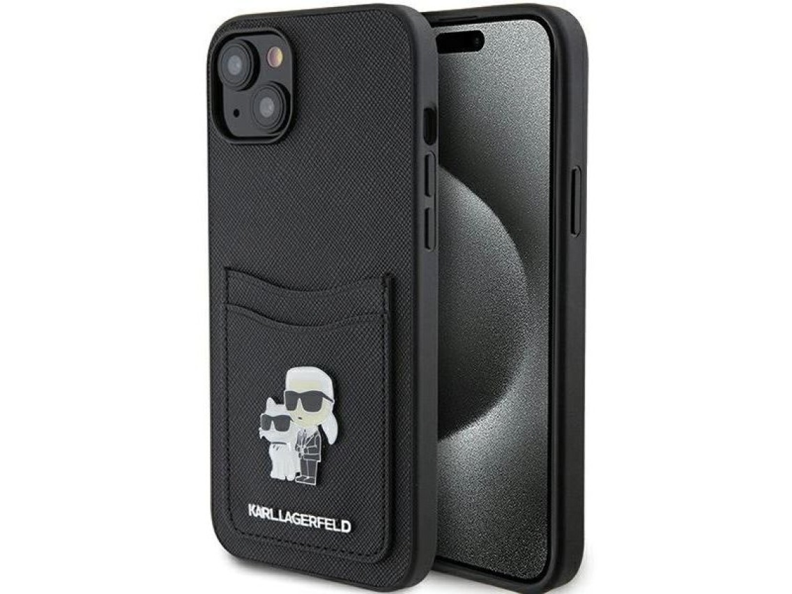 Capa para iPhone 15 com alfinete metálico Karl Lagerfeld Saffiano Cardslot Karl&Choupette - preta