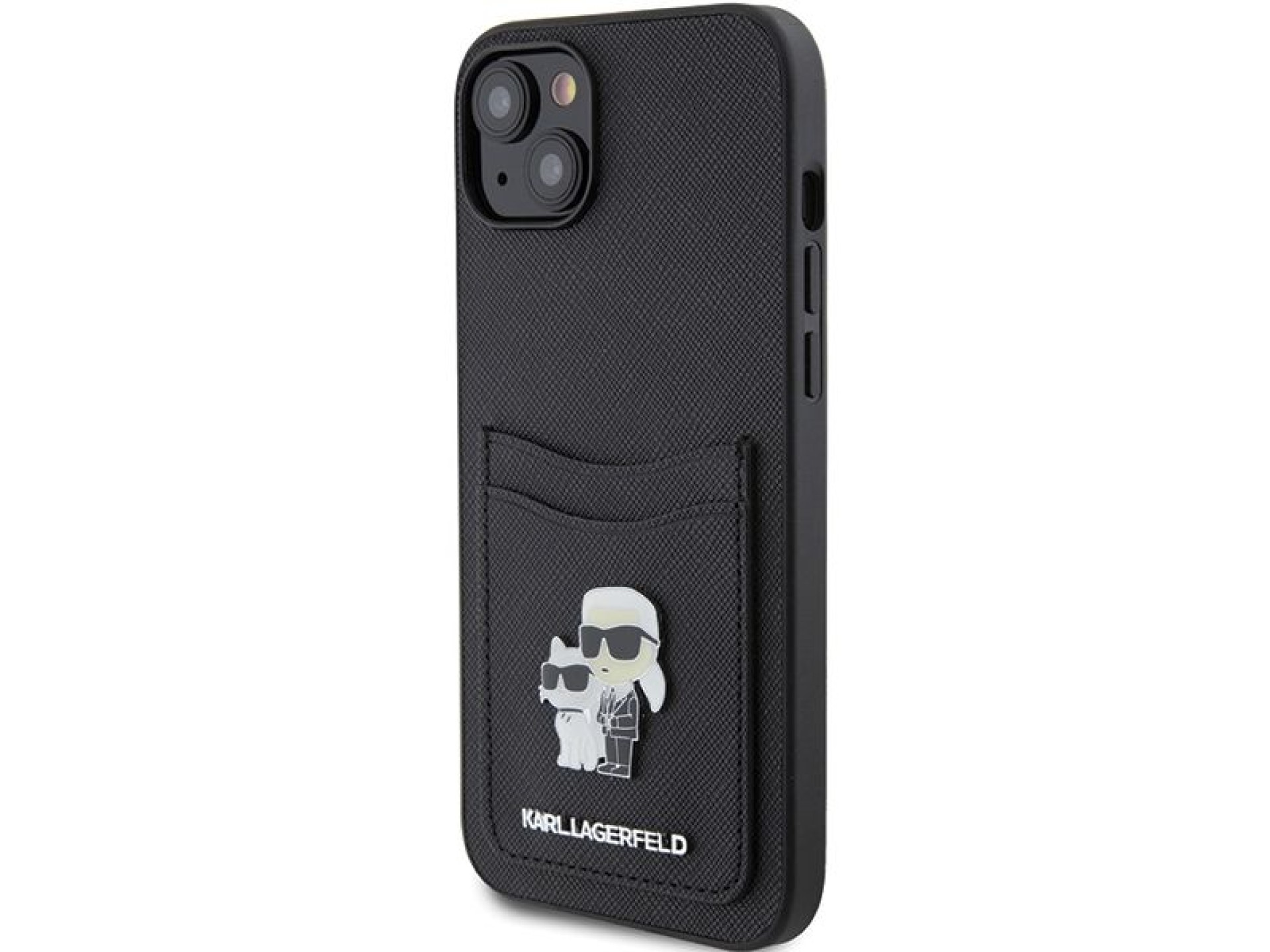 Capa para iPhone 15 com alfinete metálico Karl Lagerfeld Saffiano Cardslot Karl&Choupette - preta