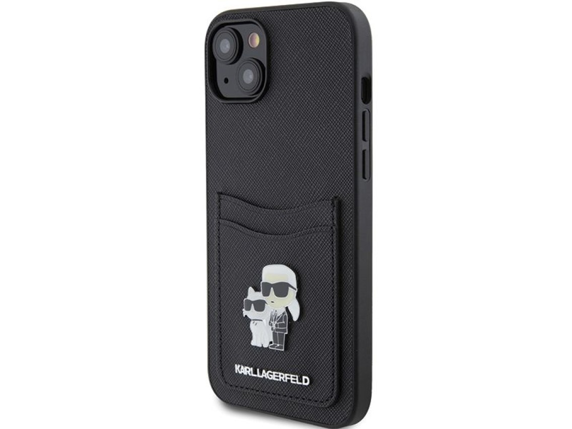 Capa para iPhone 15 com alfinete metálico Karl Lagerfeld Saffiano Cardslot Karl&Choupette - preta