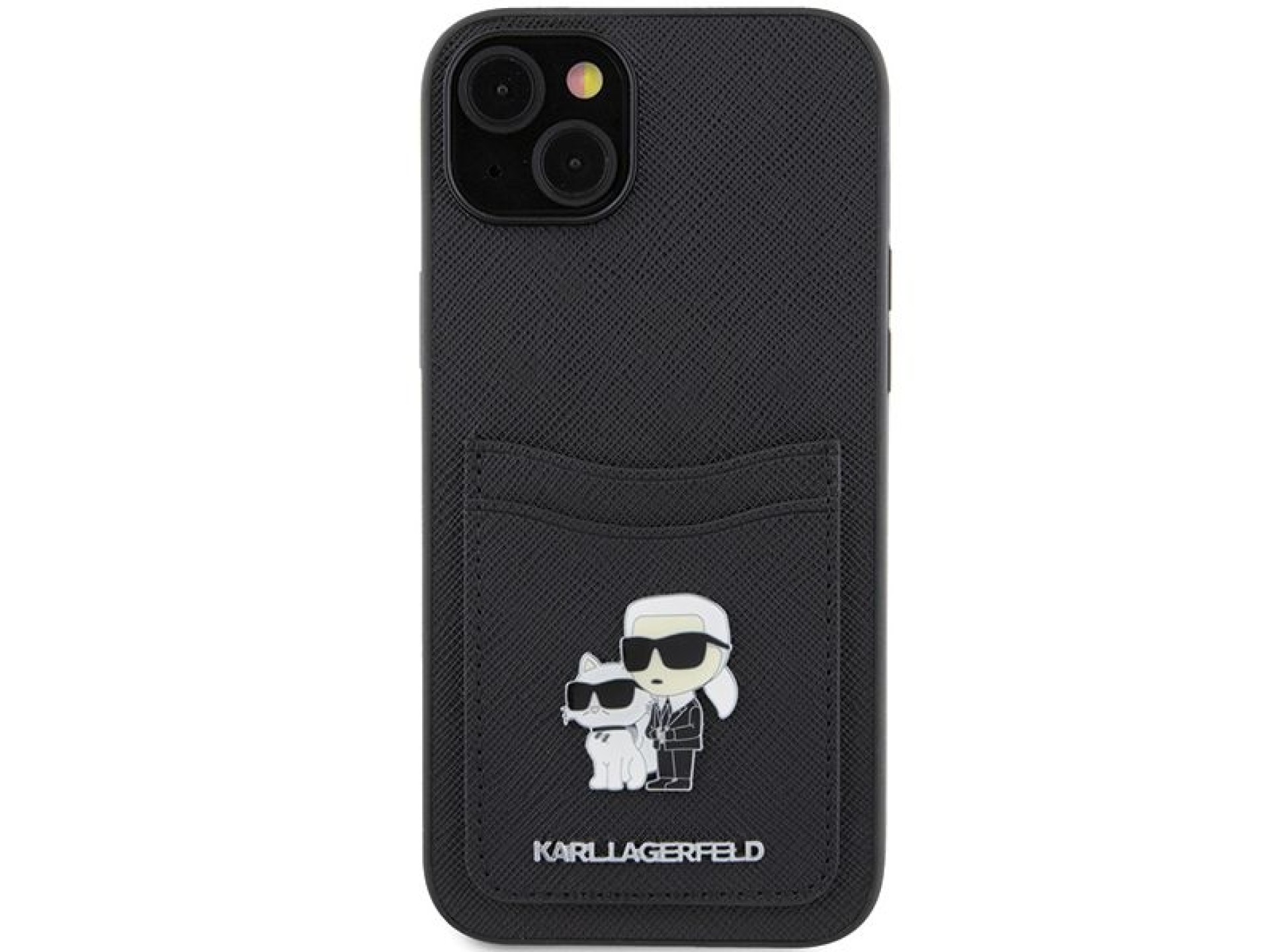 Capa para iPhone 15 com alfinete metálico Karl Lagerfeld Saffiano Cardslot Karl&Choupette - preta