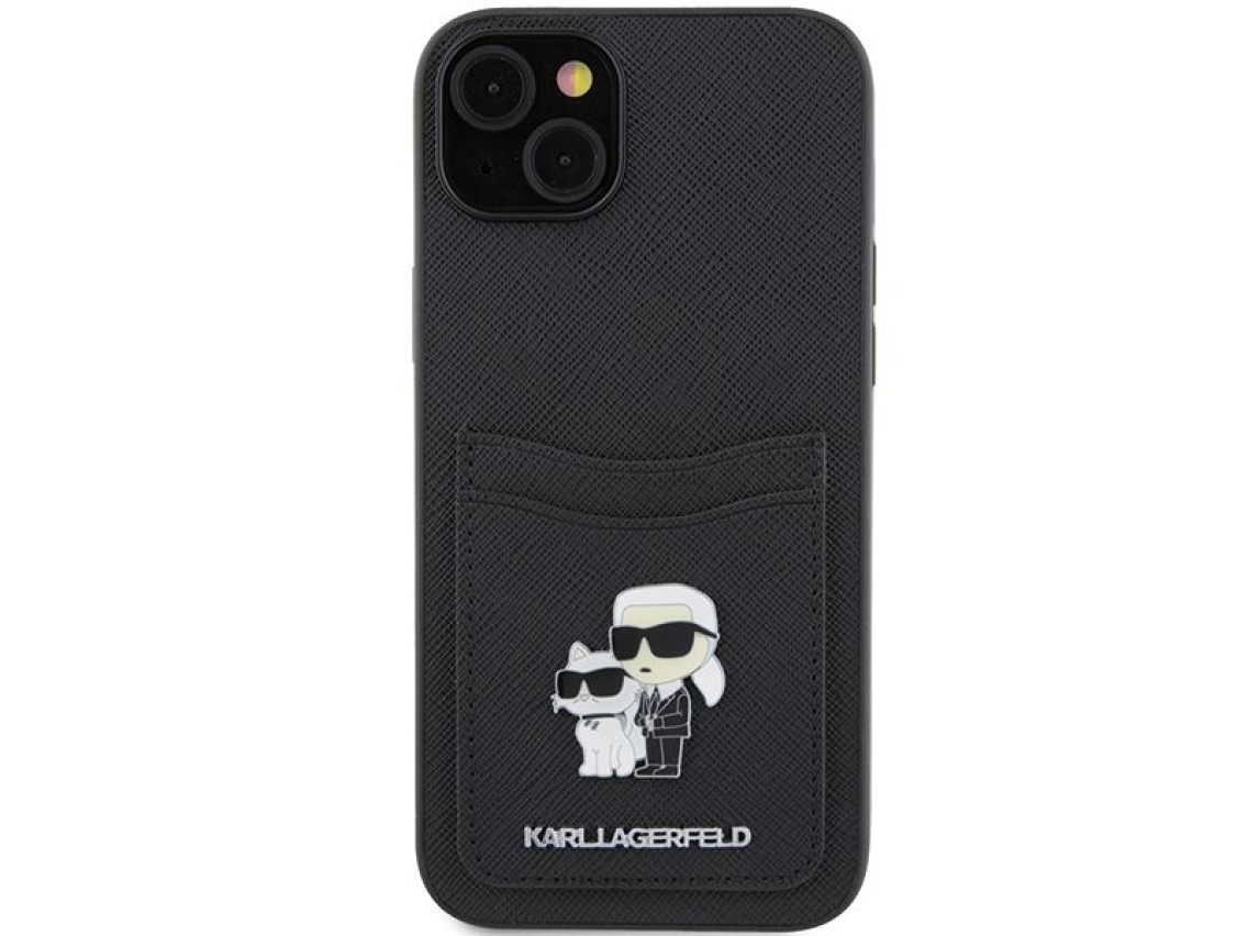 Capa para iPhone 15 com alfinete metálico Karl Lagerfeld Saffiano Cardslot Karl&Choupette - preta
